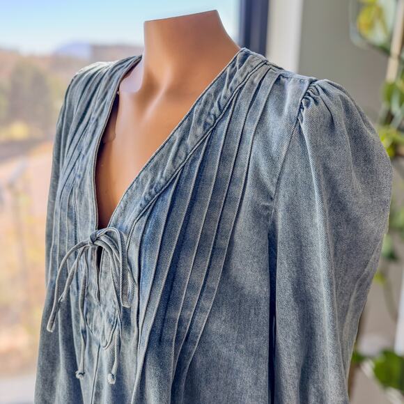 Lalavon,  Denim Pleated Bow Tie Front Long Sleeve Mini Dress, Women’s Large - Picture 7 of 13